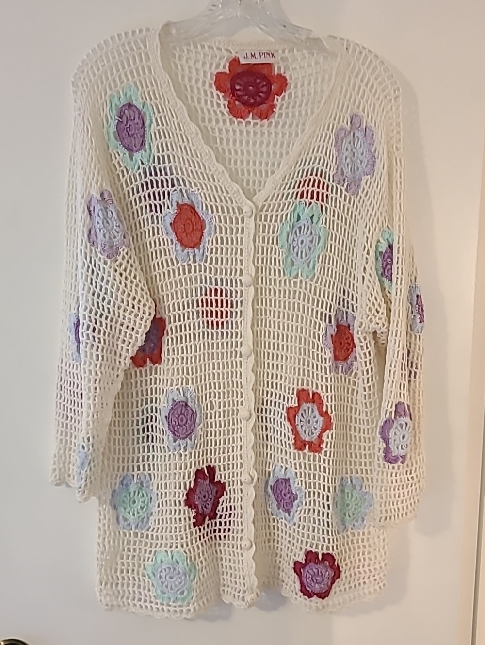 Vintage J.M. Pink White Open Crochet Weave Cardigan Floral Appliqué GrannySquare